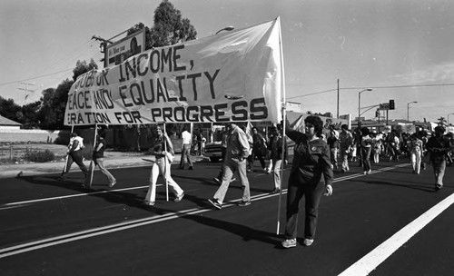 Federation for Progress members marching in a parade during Dr. Martin Luther King, Jr.'s birthday celebration, Los Angeles, ca. 1987