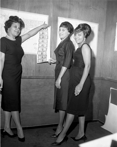 Women at display board, Los Angeles, 1961