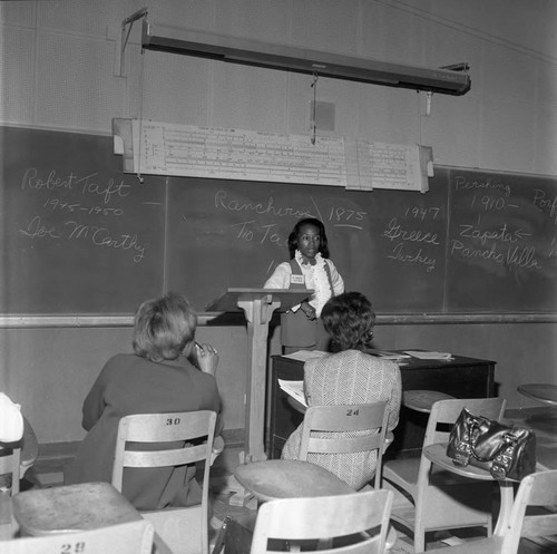 Compton College Career Day participants listening to a lecturer, Compton, 1971