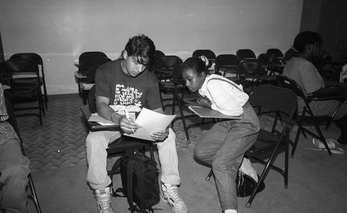 Los Angeles Urban League program participants meeting in a classroom, Los Angeles, 1991