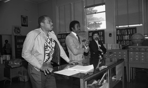 Jim Hill speaking during Career Day at Dorsey High School, Los Angeles, 1982