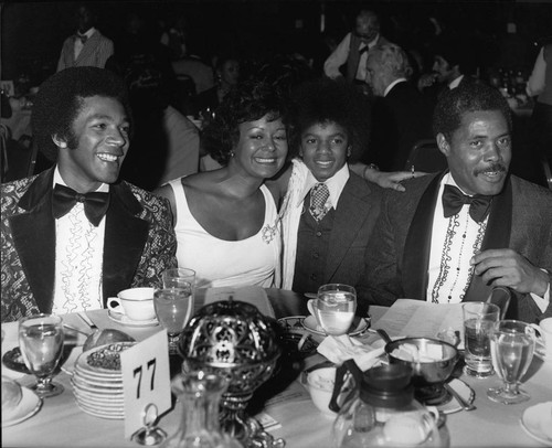 Clifton Davis, Gail Fisher, and Michael Jackson posing together, Los Angeles, ca. 1973