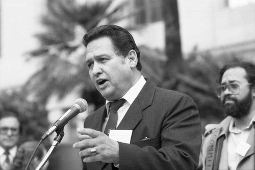 Marty Martinez speaking to a crowd at City Hall, Los Angeles, 1986