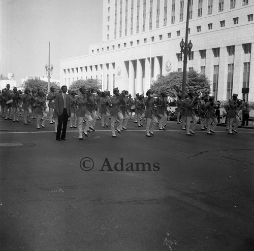 Locke High School Band marching in a parade for Tom Bradley's inauguration, Los Angeles, 1973