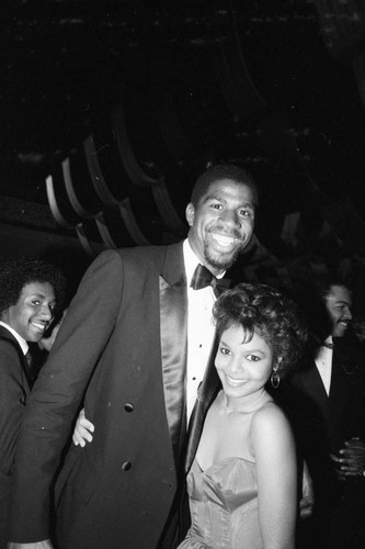 Magic Johnson and Janet Jackson posing together at the American Music Awards, Los Angeles, 1983