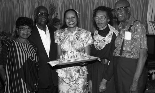 Mary Copeland posing with family on her wedding anniversary, Los Angeles, 1989