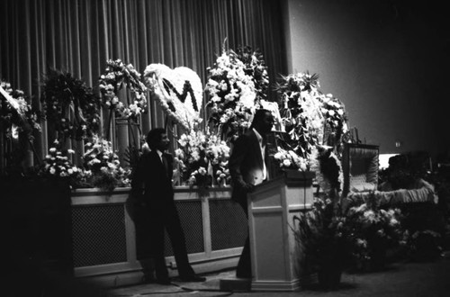 Stevie Wonder speaking at Marvin Gaye's funeral service, Los Angeles, 1984