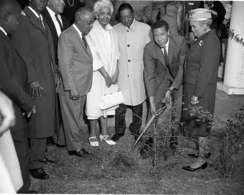 Rev. Clayton D. Russell Sr., Gilbert Lindsay, and Mrs. Azelia Blakney attending a groundbreaking ceremony, Los Angeles, 1966