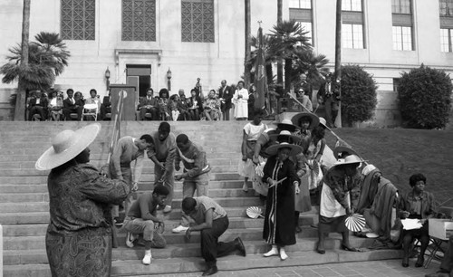 Students performing on the steps of City Hall, Los Angeles, 1987