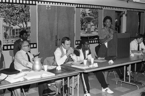 Maxine Waters speaking at a community meeting, Los Angeles, 1984