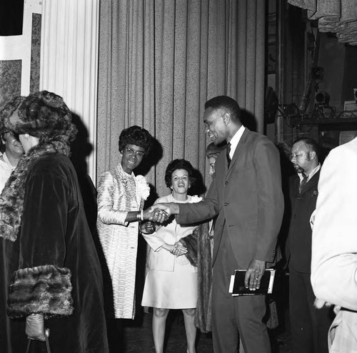 Shirley Chisholm greeting guests at the Wilshire Ebell Theatre, Los Angeles, 1970