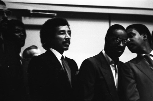 Smokey Robinson and Stevie Wonder attending Marvin Gaye's funeral service, Los Angeles, 1984