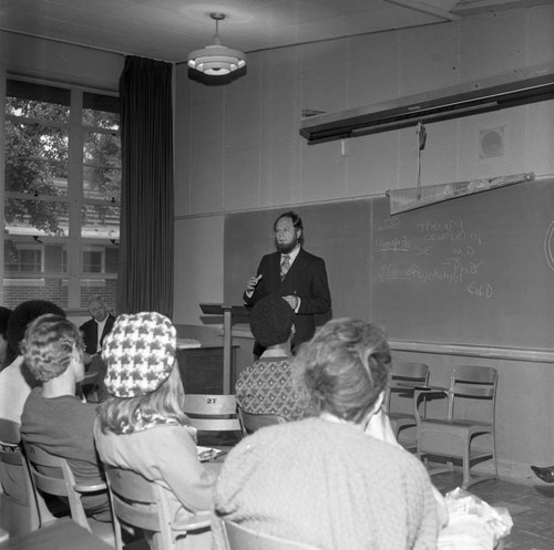 Compton College Career Day participants listening to a lecturer, Compton, 1971