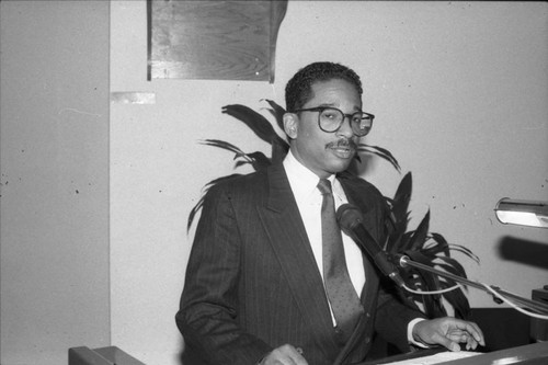 Man speaking at a Southern Christian Leadership Conference event, Los Angeles, 1989