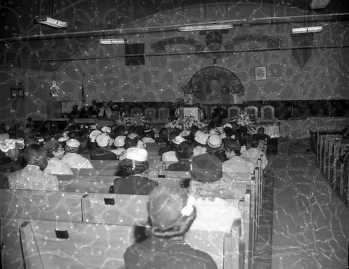 Attendees at funeral service, Los Angeles, 1960