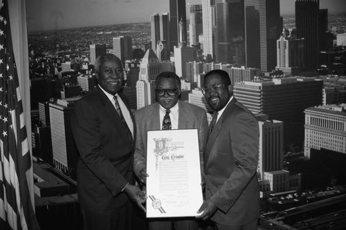 Guy Crowder receiving a city commendation, Los Angeles, 1993