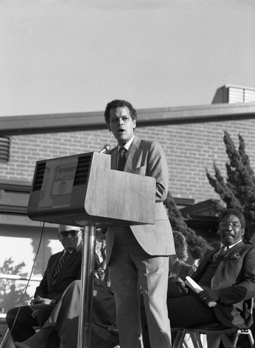 Julian Bond speaking at Dr. Martin Luther King's birthday commemoration, Inglewood, California, 1985