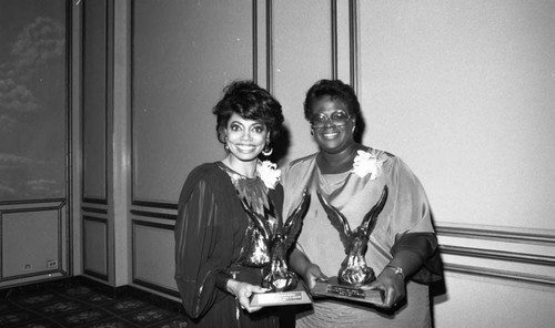 Florence LaRue and Lura Daniels-Ball posing with awards, Los Angeles, 1987