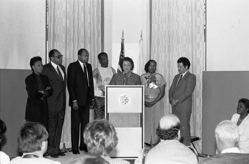 Black Family Reunion originator Dorothy Height speaking at a press conference, Los Angeles, 1987