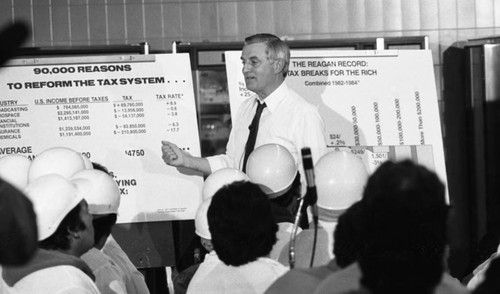 Walter Mondale campaigning for president at a Ralph's Market warehouse, Compton, California, 1984