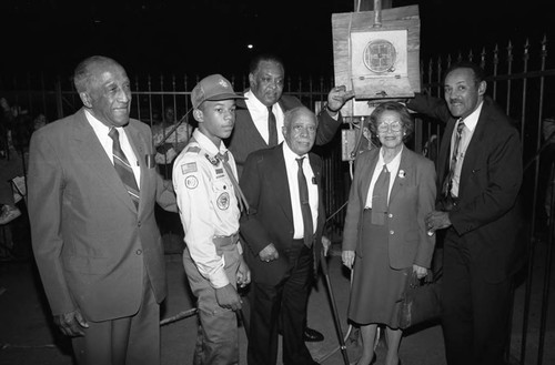 Christmas tree lighting participants Gilbert Lindsey and Ruth Washington posing together, Los Angeles, 1989