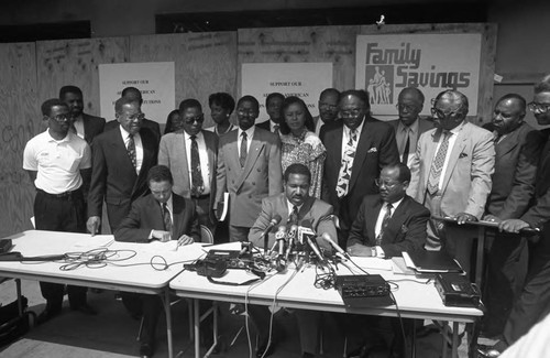 Paul C. Hudson and others speaking at a press conference, Los Angeles, 1992