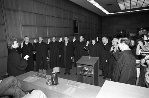 Chief Justice Rose Bird swearing in judges at the L.A. County Court House, Los Angeles, 1983