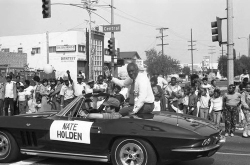 Nate Holden riding in the South Central Easter Parade, Los Angeles, 1986