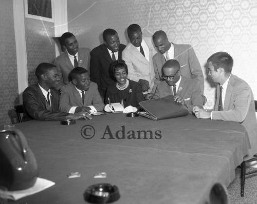 Freedom Riders attending a press conference at the Biltmore Hotel, Los Angeles, 1961