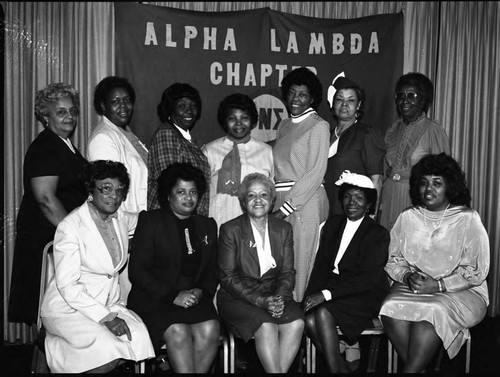 Alpha Lambda Chapter, Theta Mu Sigma sorority members posing together, Los Angeles, 1984