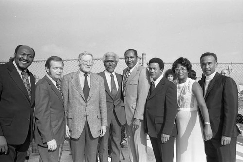 Bayard Rustin posing with Tom Bradley, Sigmund Arywitz, Samuel McNeal Jr. and others, Los Angeles, 1973