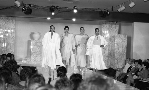 Models walking the runway during a fashion show, Los Angeles, 1986