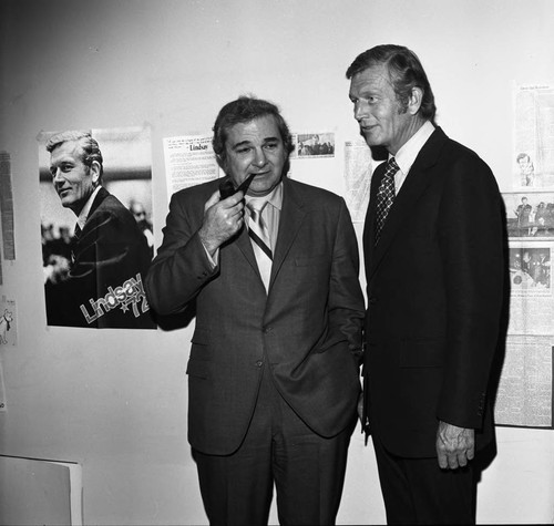 John Lindsay talking with an unidentified man, Los Angeles, 1972