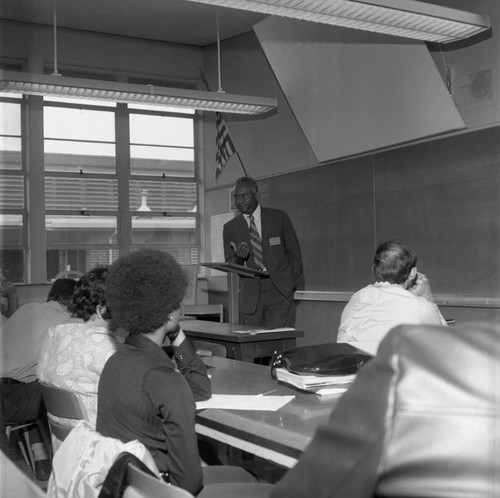 Compton College Career Day participants listening to a lecturer, Compton, 1971