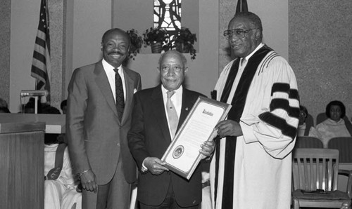 Gilbert Lindsay posing with Willie Brown and Rev. Williams A. Naylor, Los Angeles, 1987