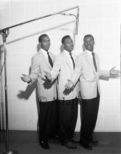 Male performers at microphone, Los Angeles, 1955