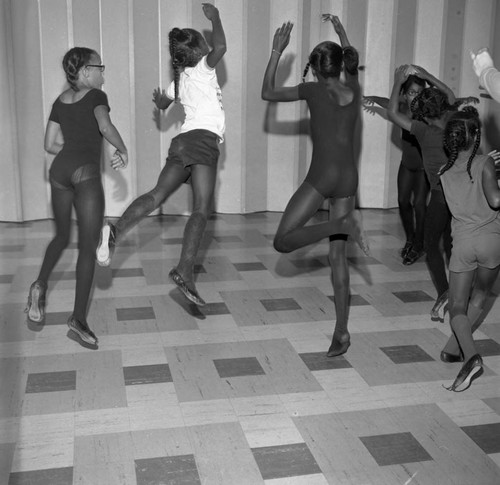 Girls learning ballet during a class a Compton College, Compton, 1972