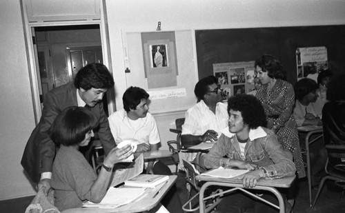 Adults talking together in a Dorsey Adult School ESL class, Los Angeles, 1980