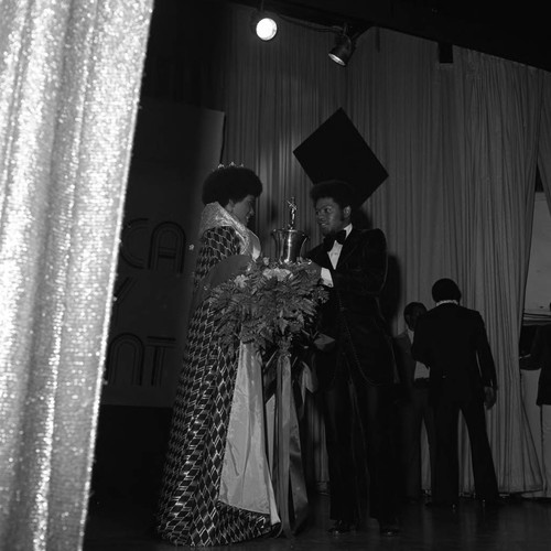 Miss Black America Linda Barney talking backstage, Atlantic City, 1972