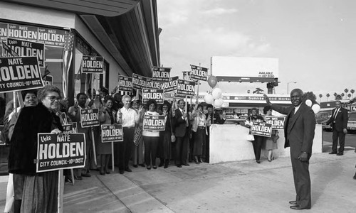 Nate Holden rallying supporters for his City Council campaign, Los Angeles, 1987