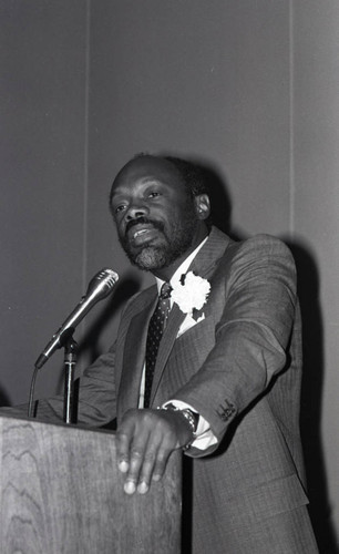 Association of Black Social Workers event participant Willie Brown addressing the audience, Los Angeles, 1982