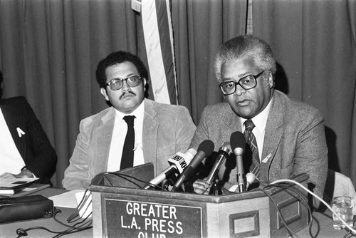 Rev. James Lawson discussing Peace Sunday at a press conference, Los Angeles, 1982