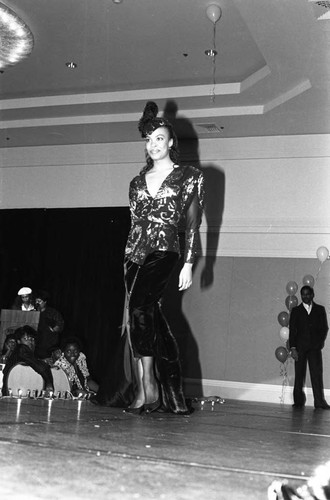 Crenshaw La Tijera Business Association fashion show model on the runway, Los Angeles, 1987