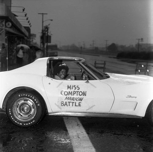 Marion Battle riding in the Compton Christmas Parade, Compton, 1973