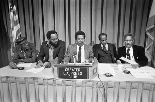 Black Faculty and Staff Association CSU representatives holding a press conference, Los Angeles, 1982