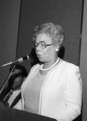 Woman speaking at the Urban League Head Start State Preschool Awards Dinner, Los Angeles, 1985