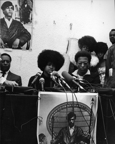 Joan Kelly at a Black Panther press conference, Los Angeles, 1969