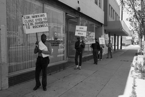 Black Aerospace Workers picketing the office of Congressman Gus Hawkins, Los Angeles, ca. 1987