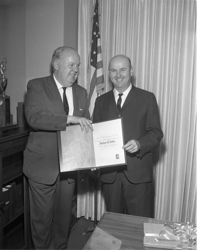 Hahn receives certificate, Los Angeles, 1963