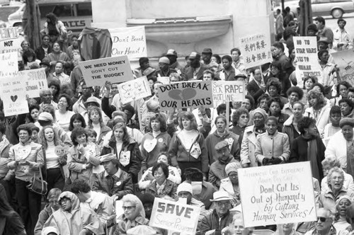 Crowd protesting in front of City Hall, Los Angeles, 1986